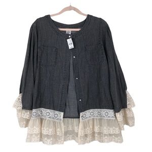 NWT Ladies Victorian Style Shacket w/Ruffle Lace Cuffs and Hem, Button Up Top M